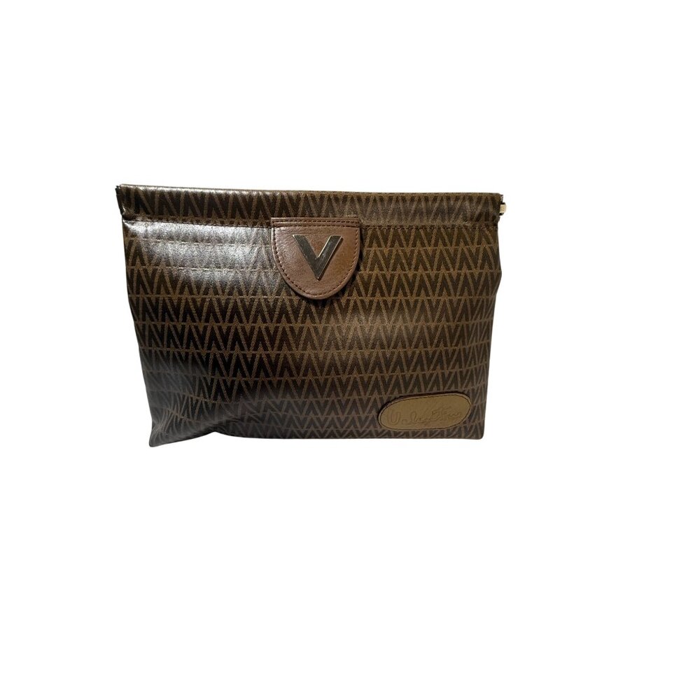 Authentic Valentino Brown Monogram Clutch Bag With‎ V Logo & Zip Closure